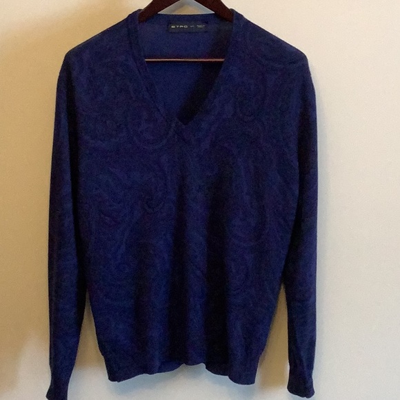 Etro Men’s Medium Blue Paisley Fine Virgin Wool V-Neck Sweater - Picture 3 of 4
